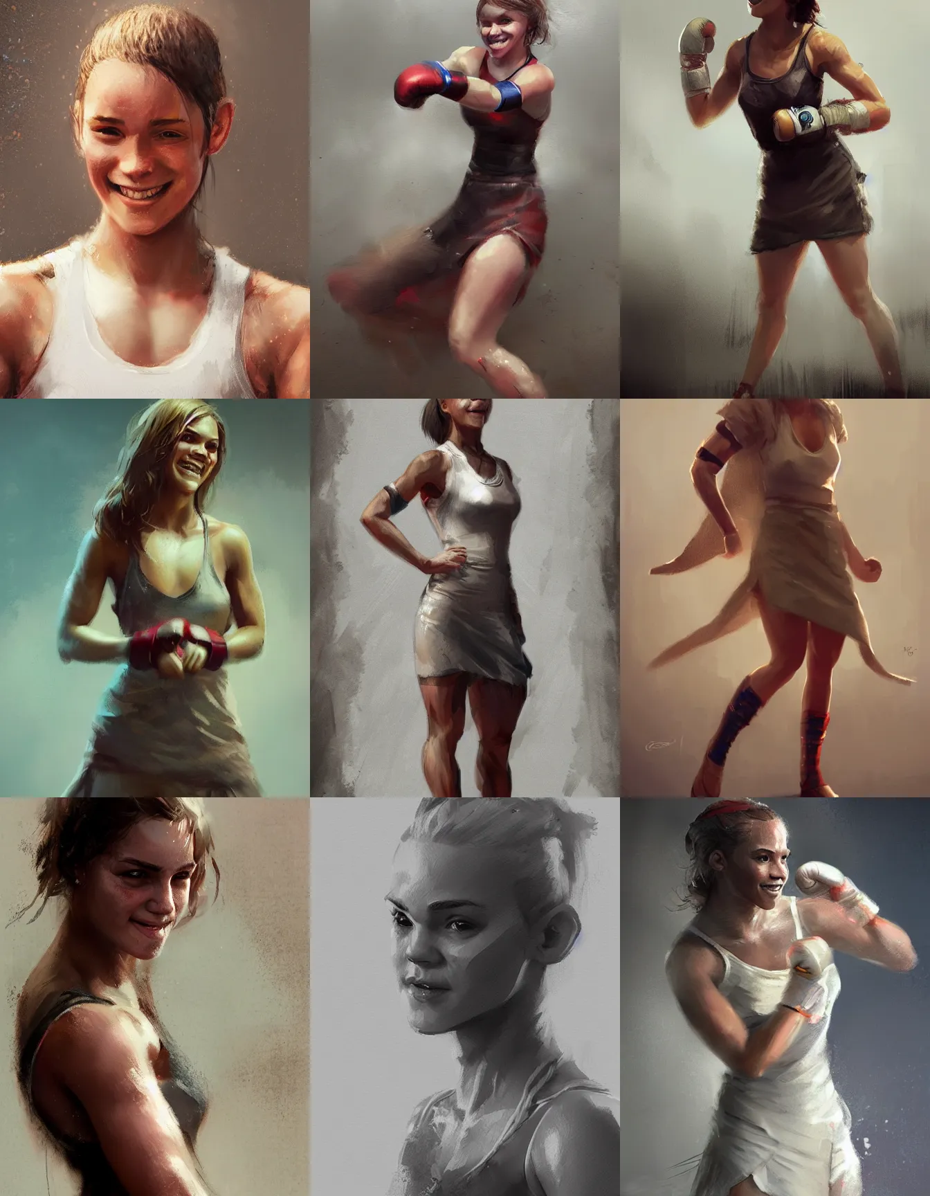 Prompt: young female boxer, wearing a dress, smiling, digital portrait by greg rutkowski, intricate, soft focus, highly detailed, cinematic, epic, artstation