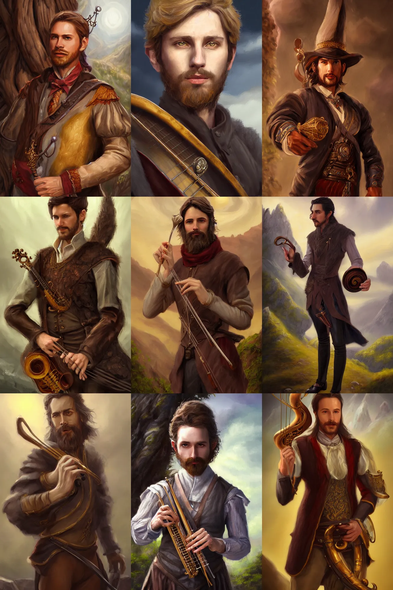 Image similar to a full body high detail fantasy portrait oil painting illustration of a single elegant male bard by justin sweet with face and body clearly visible, in a scenic background, visible pupils, realistic proportions, d & d, rpg, forgotten realms, artstation trending, high quality, sombre mood, artstation trending, muted colours, entire person visible!