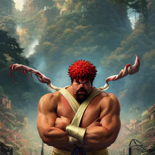 Prompt: danny mcbride as e. honda street fighter, japanese bathhouse background, ultra realistic, concept art, intricate details, highly detailed, photorealistic, octane render, 8 k, unreal engine, art by frank frazetta, simon bisley, brom