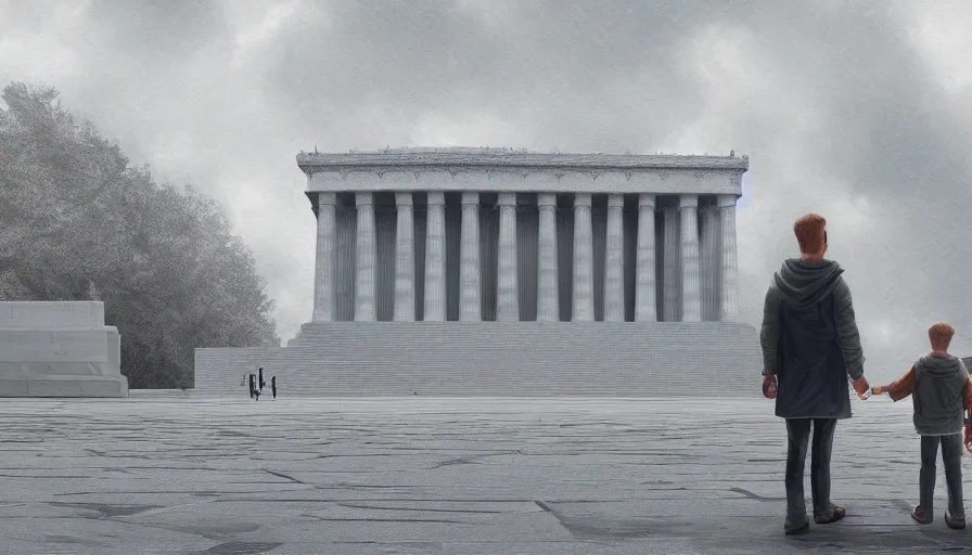 Prompt: father and son visiting destroyed lincoln memorial, cloudy day, hyperdetailed, artstation, cgsociety, 8 k