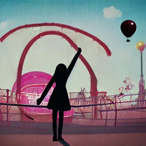 Image similar to a girl holding a balloon at a fairground. buildings with graffiti. silhouette. in the style of simon stalenhag