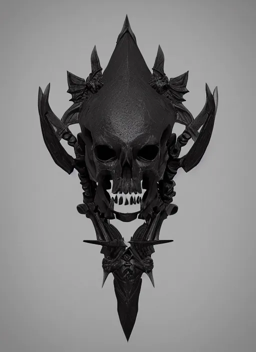 Prompt: a black long sword skull crest, orthographic, ornament, weapon, a 3 d render by dom qwek, front side views full, trending on polycount, artstation, hard surface modeling, rendered in maya, 3 ds max, blender, hd, vray, dark souls