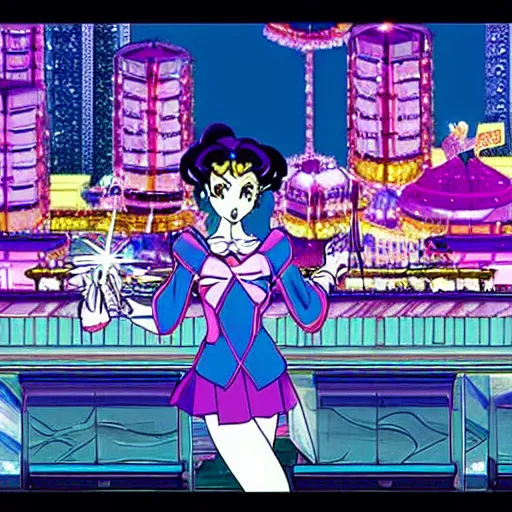 Image similar to Crystal Tokyo from Sailor Moon, circa the year 2994