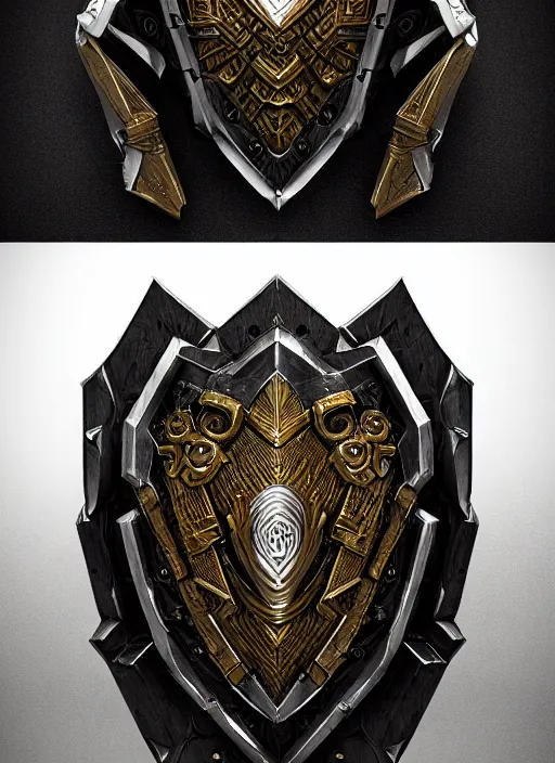 Image similar to hyper realistic glorious ancient shield in a obsidian metal armor, futuristic design, designed by makoto kobayashi and luca zampriolo, cyberpunk style, wood and gold details, intricate, extremely detailed, ornate, deep of field, hard surface, exoskeleton, substance designer metal unreal engine. amazing likeness. very detailed.