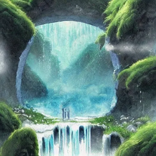 Image similar to “ ancient portal to other dimension in middle of waterfall in studio ghibli film, very detailed, masterpiece, chinese water color painting ”