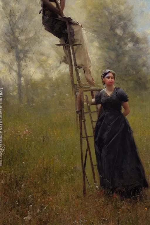 Image similar to Solomon Joseph Solomon and Richard Schmid and Jeremy Lipking painting full length portrait painting of a young woman going to work in the field