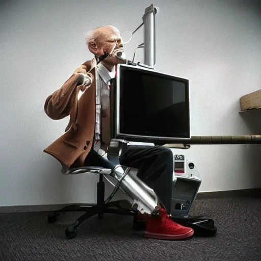 Image similar to In an call centre office, A skinny old Man with a old television strapped to his back ,flexible industrial pipes join his ears and mouth to the television, fibres trial on the floor ,Kodak portra 400