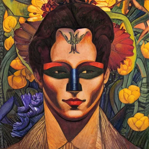 Image similar to head of a beautiful boy wearing a mask made of flowers, by diego rivera and john watkiss and annie swynnerton, art deco shaman, stylized flowers, art brut, symbolist, dramatic cinematic lighting, god rays, iridescent beetles, clean crisp graphics, smooth sharp focus, extremely detailed