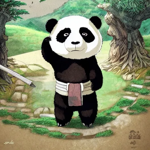 Image similar to panda bear wearing samurai armor standing in a ancient japanese village, highly detailed, ghibli style, by studio ghibli, art station, highly detailed