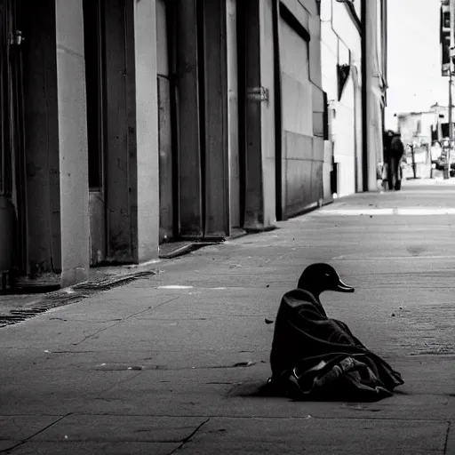 Prompt: A duck staring at a homeless person, cinematic, professional photography,