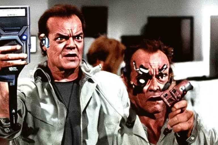 Image similar to Jack Nicholson as Terminator is playing Pokemon on gameboy