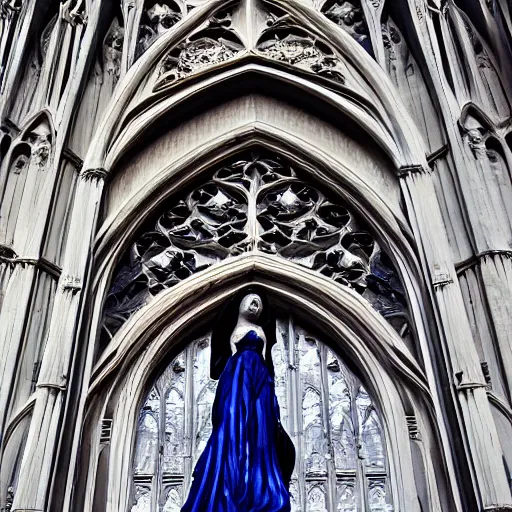 Image similar to architectural shot, no decaying lines, alabaster gothic cathedral, gothic sapphire female statue, intricate arabesque detailed silk dressed, macro head face