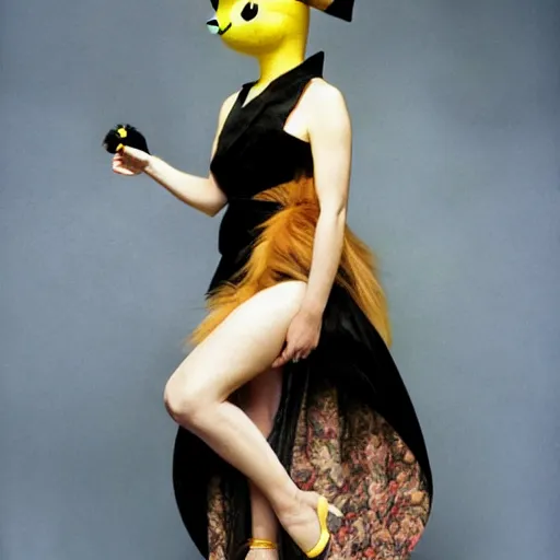 Image similar to elegant woman dressed up as pikachu, art photo by Annie Liebovitz and Alphonse Mucha, clean, sharp, smooth, glossy photo