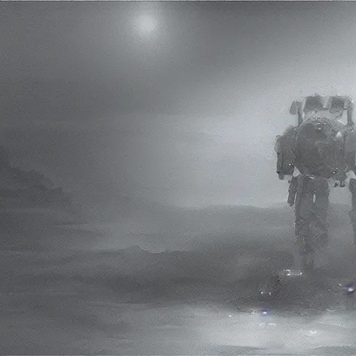 Image similar to a pencil sketch of a mech on an alien planet. moody. atmospheric. fog. cinematic