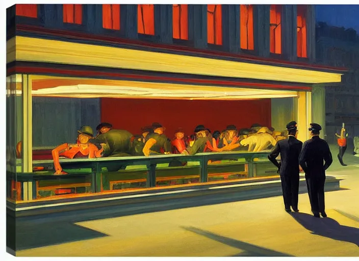 Image similar to crowd of working citizens carrying daily routines on the backdrop of war and missiles exploding residential buildings, DSLR 35mm, by Edward Hopper and Dan Mumford