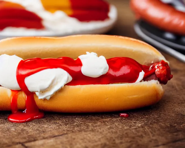 Prompt: dslr food photograph of vanilla ice cream with ketchup on, and slices of hotdog, 8 5 mm f 1. 4