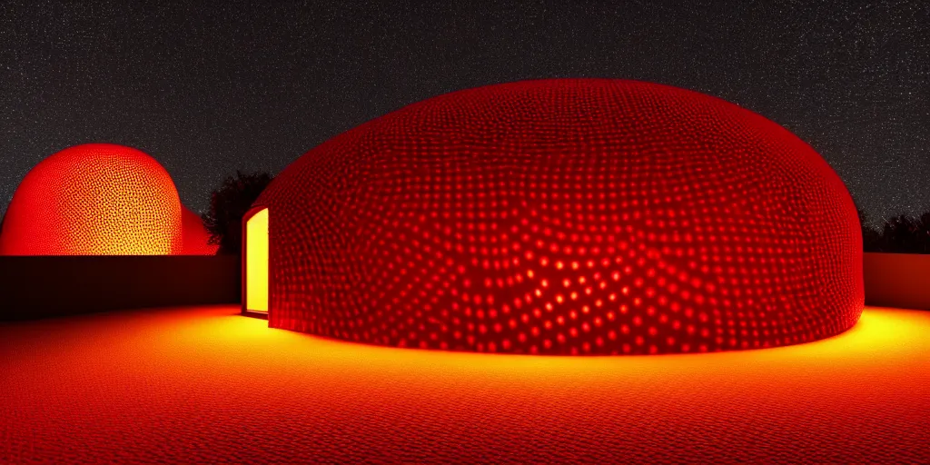 Image similar to A beautiful photo of a round shaped trypophobia house with a mysterious red glow emitting from inside, by octane render and corona render, stunning, gorgeous, golden ratio, photorealistic, featured on artstation, 4k resolution