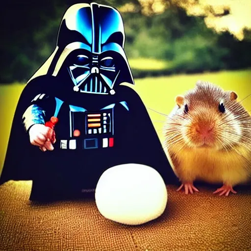 Image similar to a beautiful photo of darth vader riding on a hamster, darth vader on the back of a hamster trending on instagram