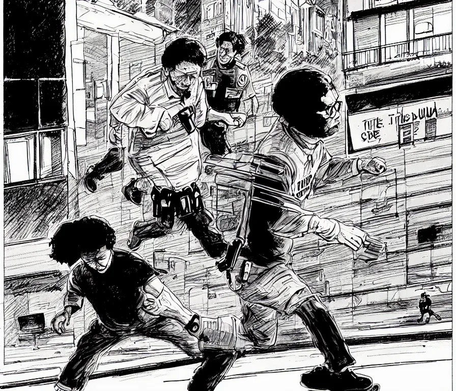 Prompt: todd solondz running from police after violent crime | vivid colors : storyboard, realistic. by gabriel hardman, joe alves, j. todd anderson, chris bonura. cinematic atmosphere, detailed and intricate, perfect anatomy