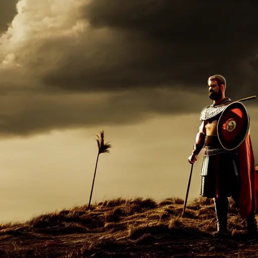 Image similar to cinematic film still of joe biden as leonidas without a beard in 3 0 0 movie, 8 k, epic moody sky, dramatic lighting