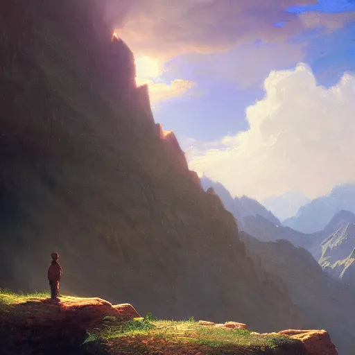 Image similar to a traveler wandering through the mountains looking at the clouds, very detailed, focused, oil painting, cinematic lighting, Albert Bierstadt, trending on Artstation