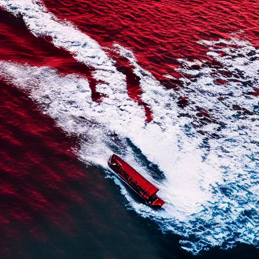 Image similar to a lonely boat floating in the turbulent red ocean, tsunami, fierce huge waves, dangerous depressing atmosphere, dark tone, illustration, aerial view, evil, artstation, octane render