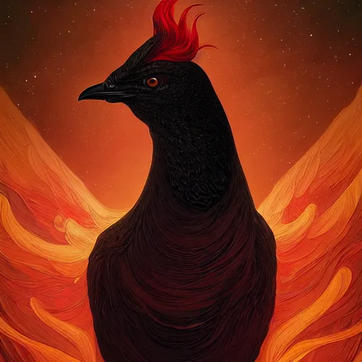 Prompt: Portrait of a Black Chicken in space, fire red comb, dark fantasy, intricate, elegant, highly detailed, digital painting, artstation, concept art, smooth, sharp focus, illustration, art by Sam Youn and Fernanda Suarez and Artem Demura and alphonse mucha