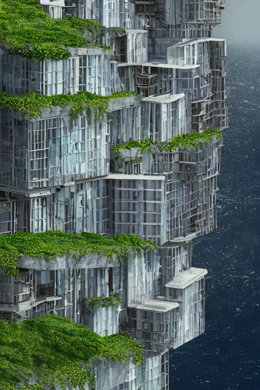 Prompt: 2 d autocad elevation illustration of an awesome sunny day environment concept art on a cliff, steel and glass architecture by kengo kuma, ian hubert and wes anderson with village, residential area, mixed development, highrise made up staircases, balconies, full of glass facades, cgsociety, fantastic realism, artstation hq