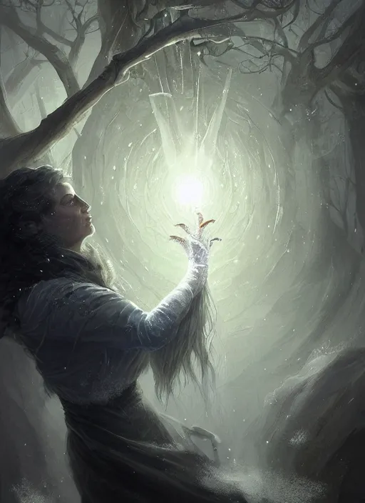 Prompt: a mage casting a frost spell by charlie bowater and john howe