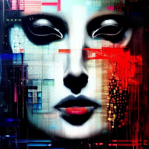 Image similar to hyperrealistic portrait of a mysterious cyberpunk woman, by Guy Denning, Johannes Itten, Russ Mills, glitch art, hacking effects, glitch effects, digital tech effects, cybernetics, detailed lings, chromatic, color blocking!, oil on canvas, octane, concept art, abstract, red color scheme, 8k, trending on artstation