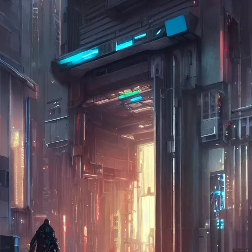 Image similar to door, cyberpunk, megastructure, street, complimentary contrast, dramatic lighting, gorgeous view, depth, painted by stanley lau, painted by greg rutkowski, painted by stanley artgerm, digital art, trending on artstation