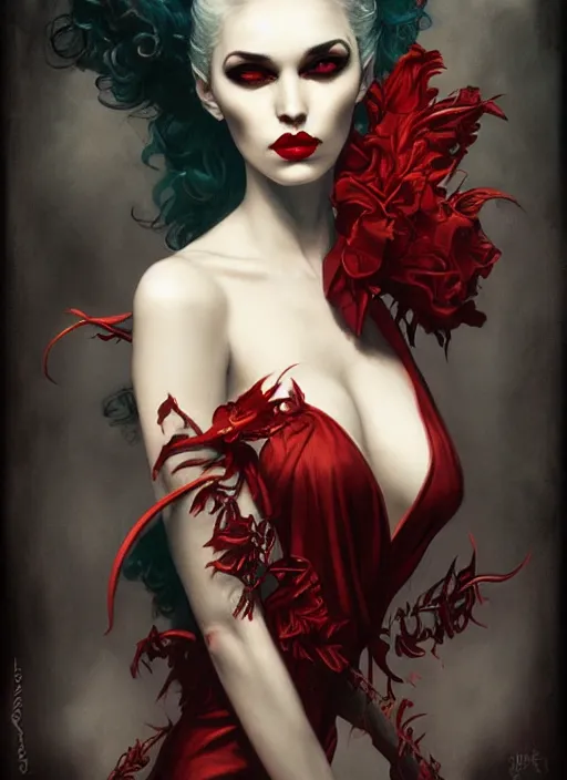 Image similar to regal vampiric girl by james jean, manuel sanjulian, tom bagshaw