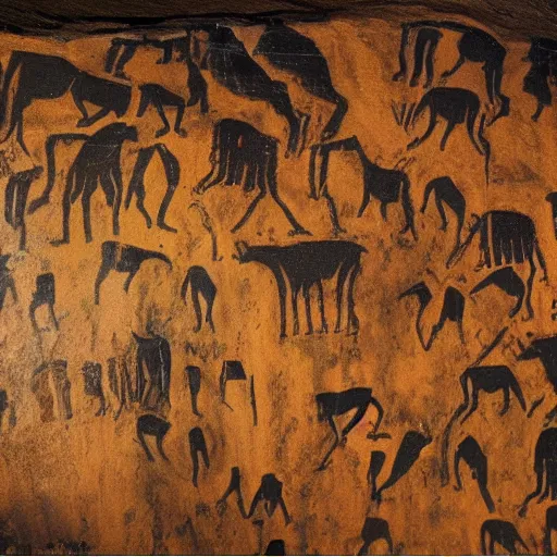 Prompt: Cave painting of Deep Learning ResNet, I saw this cave painting of ancient humans hunting bison using a resnet