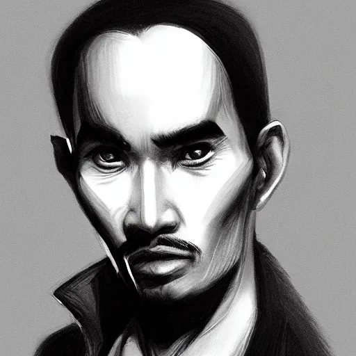 Prompt: black and white pencil portrait of a ho chi minh, vampire, fantasy, wizard, trending artstation, relaxed expression, dark lighting, high detail