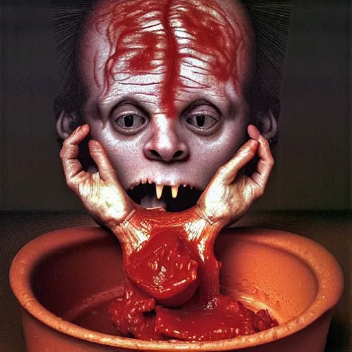 Prompt: a boy like eraserhead and elephant man sitting in a tub full of tomato sauce, looking straight into camera, screaming in desperation, by giuseppe arcimboldo and ambrosius benson, renaissance, fruit, intricate and intense oil paint, a touch of beksinski and hr giger and edward munch, realistic
