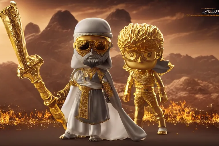 Image similar to an ultra detailed picture of the prophet mohammed as a funko pop, wearing bright gold armor and holding huge flaming longsword blessed by god, epic anime fantasy, 8 k, volumetric lighting, smooth, highly detailed, digital illustration, art by kentaro miura and akira toriyama and albert bierstadt and greg rutkowsi, artstation