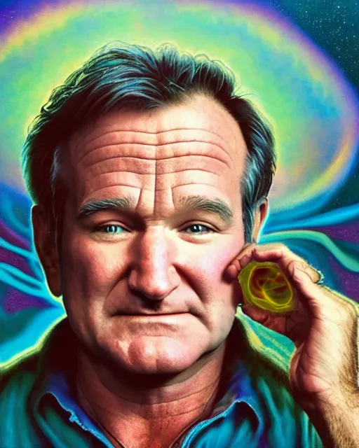Prompt: portrait ultra dimensional genie robin williams entity, accidentally tripping on dmt and acid, psychedelic experience, overwhelming psychosis of self realization and burning awakening, ultra high definition, unreal engine 5, hyperrealism, masterpiece composition, by casey weldon, barclay shaw 8 k photorealistic