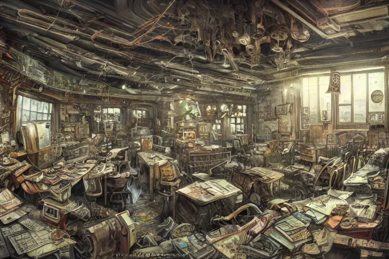 Prompt: ! dream an messy booking office with nobody there, chaos, apocalypstic vibe, artstation, mixed media, hyper detailed, phtotrealistic,