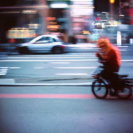 Prompt: portra 800 street photography, the subject is blurry because it's in motion, film portra photography