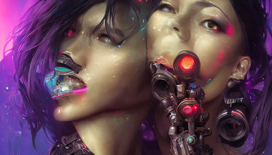 Image similar to contiousness, pixelated mouth, cyberpunk gorgeous goddess, neon, alterd carbon, fibonacci, sweat drops, insane, intricate, highly detailed, digital painting, artstation, concept art, smooth, sharp focus, illustration, Unreal Engine 5, 8K, art by artgerm and greg rutkowski and alphonse mucha