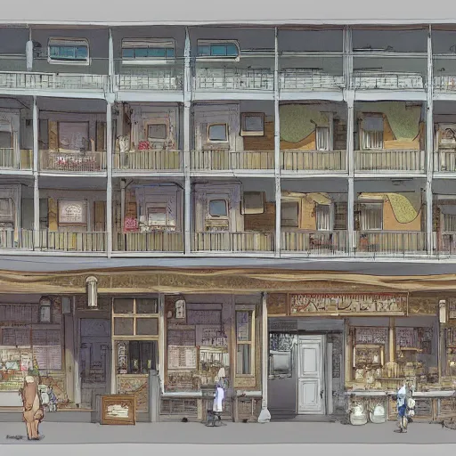 Image similar to cutaway drawing of an inn by Makoto shinkai, Geoff darrow