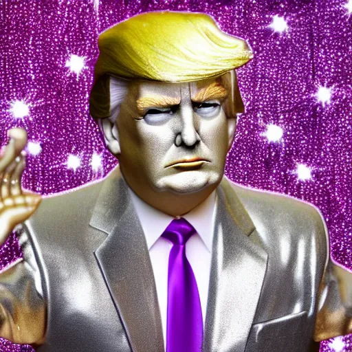 Image similar to Donald Trump with silver-violet hair, white eyes and golden glittery dress, wide lens, diorama, 4k,