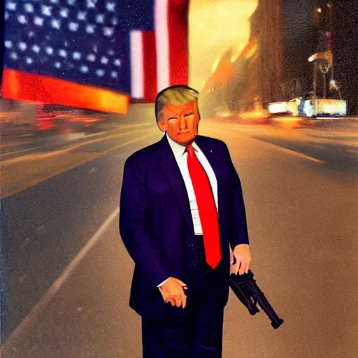 Image similar to “Very photorealistic photo of Donald Trump standing in the middle of Fifth Avenue with a gun, atmospheric lighting, award-winning details”