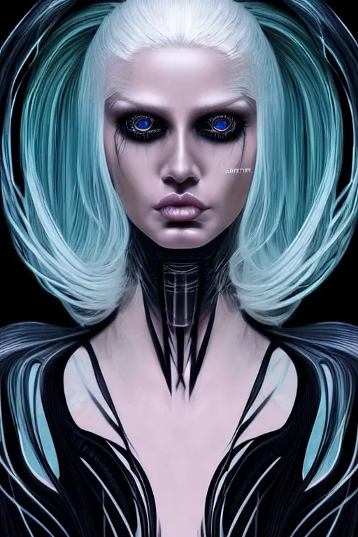 Image similar to Supermodel woman turning into an Android portrait, dark surrealism , scifi, intricate design, elegant, sharp black eyebrows, ornate long flowing platinum neon blonde hair and small black streaks, highly detailed cybernetic body, glowing eyes, digital painting, artstation, concept art, smooth, sharp focus, illustration, art by Artgerm and moebius and Peter Mohrbacher