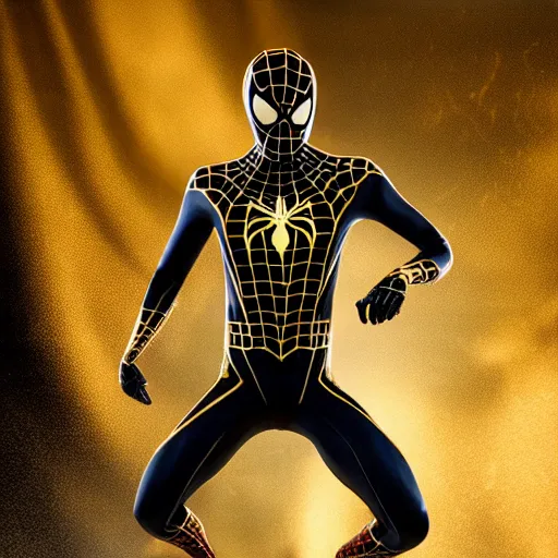 Image similar to gold spider - man suit with black web lining, cinematic, volumetric lighting, realistic, hyperdetailed, photorealistic, photograph