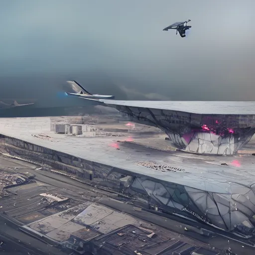 Image similar to Kazimierz Malewicz sci-fi motherboard airport view from above structure and digital billboard point cloud in the middle, unreal engine 5, keyshot, octane, artstation trending, ultra high detail, ultra realistic, cinematic, 8k, 16k, in style of zaha hadid, in style of nanospace, in plastic, dark, tilt shift,