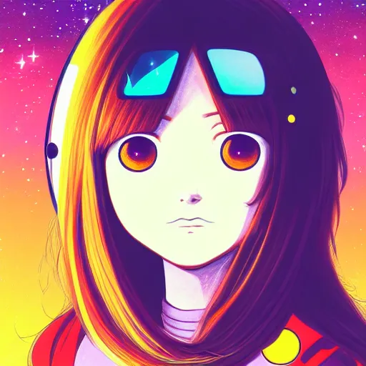Prompt: portrait of a young astronaut girl with flowing hair, anime, shigeto koyama, narumi kakinouchi,jean giraud, manga, bright colors, beautiful, 28mm lens, vibrant high contrast, gradation, cinematic, rule of thirds, great composition, intricate, detailed, flat, matte print, sharp,clean lines, haruhiko mikimoto
