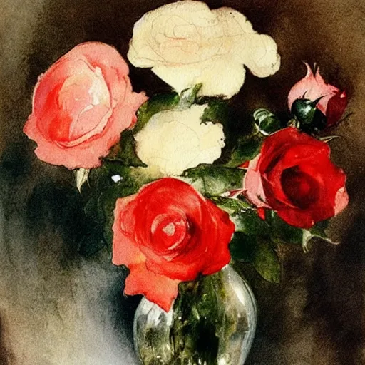 Image similar to red roses in a crystal vase, water paint, watercolor blooms, jmw turner, john singer sargent
