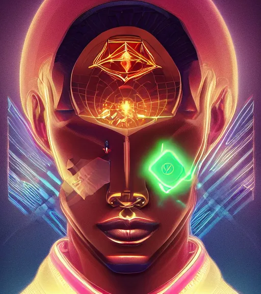 Image similar to symmetry!! egyptian prince of technology, solid cube of light, hard edges, product render retro - futuristic poster scifi, lasers and neon circuits, brown skin man egyptian prince, intricate, elegant, highly detailed, digital painting, artstation, concept art, smooth, sharp focus, illustration, dreamlike, art by artgerm