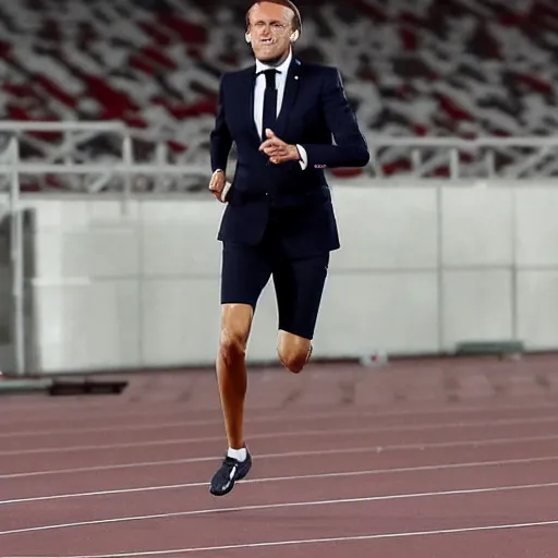 Image similar to Emmanuel Macron running with Hussein Bolt at the stadium